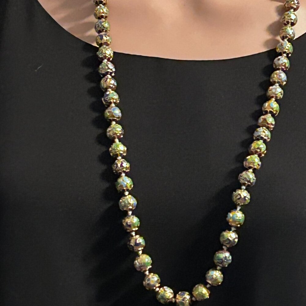 Antique Chinese Champleve Cloisonne Graduated Beads on Gold Foil 32" Necklace
